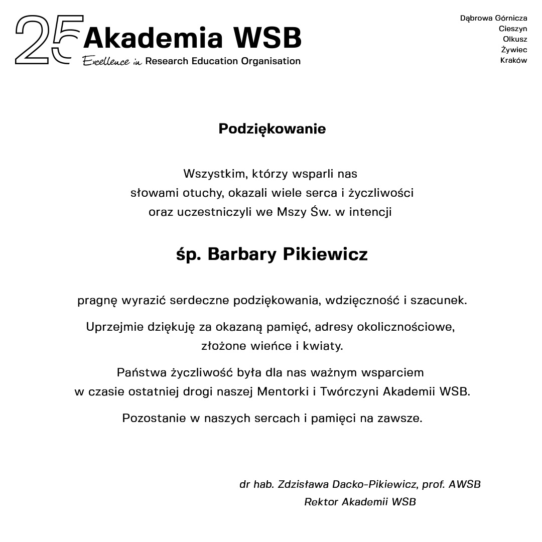 Podziękowanie od Akademii WSB dla osób wspierających w pamięci Barbary Pikiewicz, z okazji mszy i złożonych kwiatów.