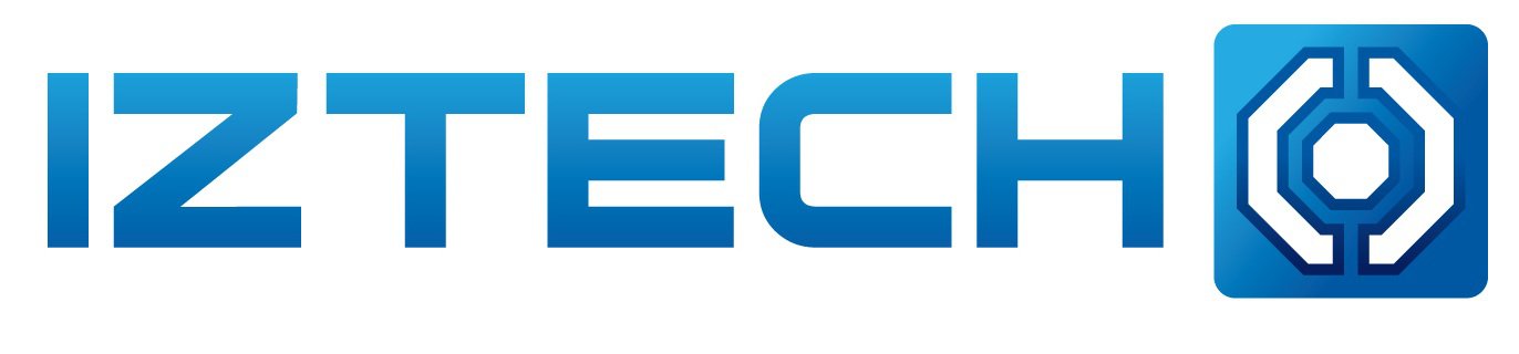 Logo firmy IZZTECH z charakterystycznym niebieskim napisem i symbolem.