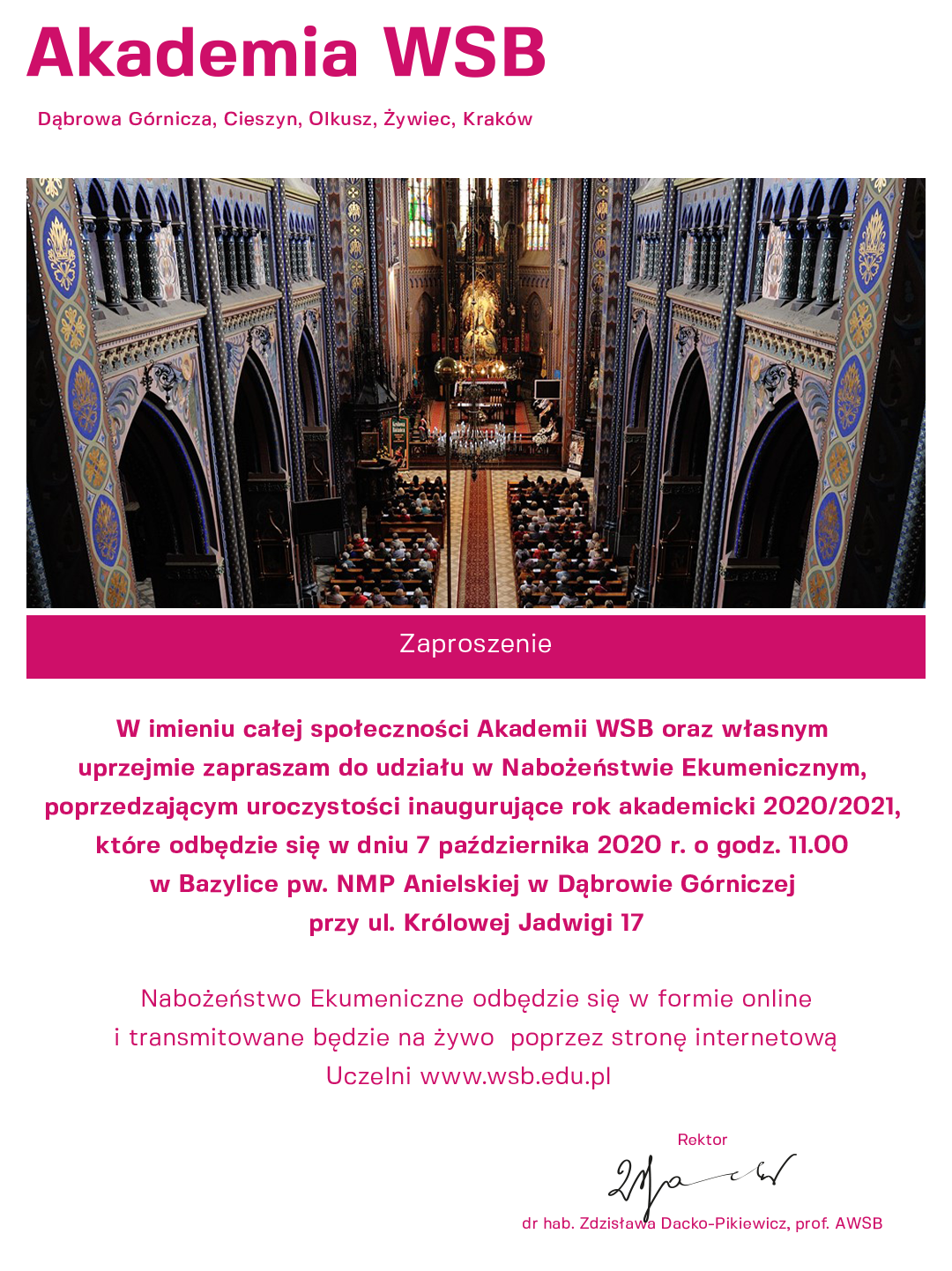 Zaproszenie na nabożeństwo ekumeniczne Akademii WSB w Dąbrowie Górniczej.