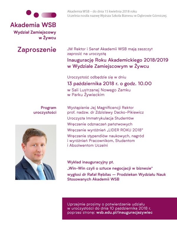 Zaproszenie na inaugurację Roku Akademickiego 2018/2019 w Wydziale Zamiejscowym w Żywcu, która odbędzie się 13 października 2018 roku.
