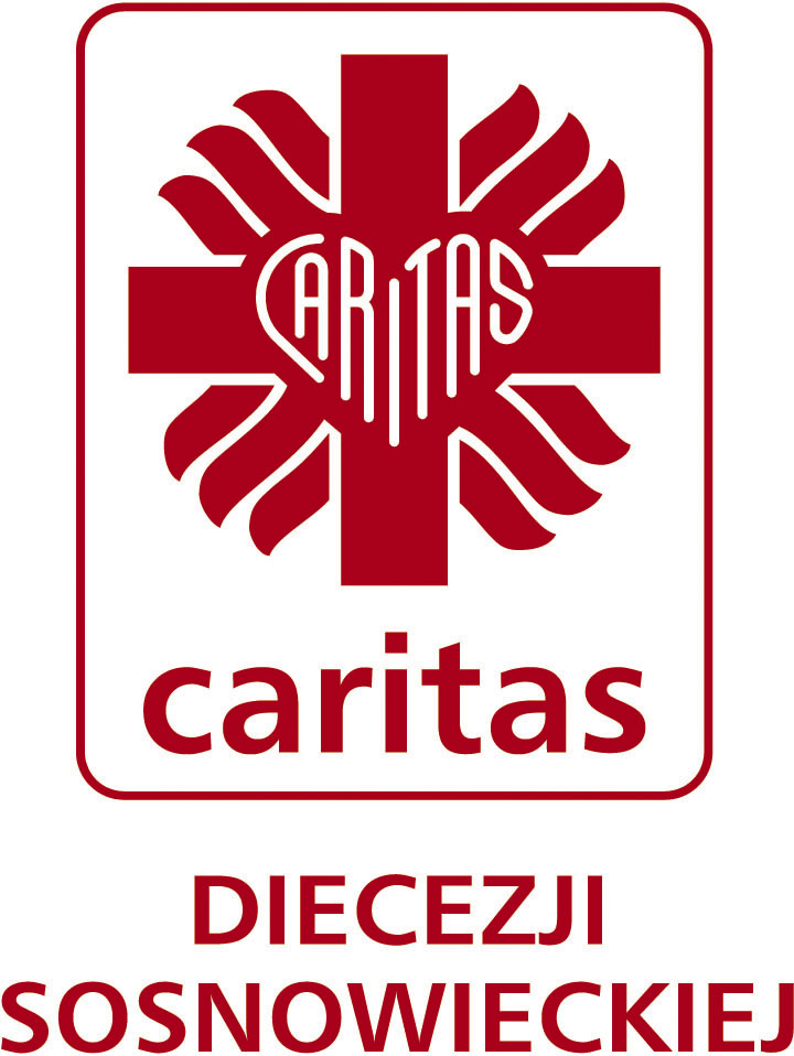 Logo Caritas Diecezji Sosnowieckiej z czerwonym krzyżem i sercem.