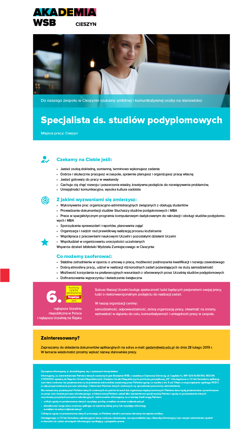 Ogłoszenie o rekrutacji na stanowisko specjalisty ds. studiów podyplomowych w Akademii WSB w Cieszynie.