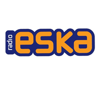 Logo radia Eska z napisem w kolorze niebieskim i pomarańczowym.