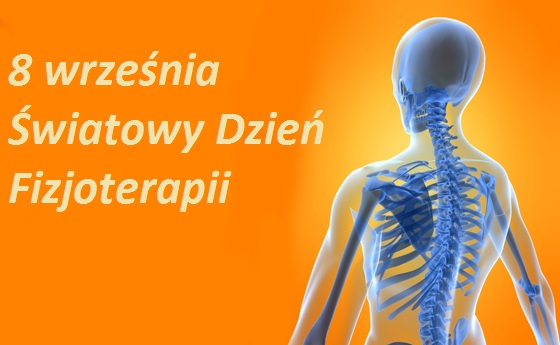 Grafika z sylwetką człowieka ukazującą kręgosłup oraz tekst informujący o Światowym Dniu Fizjoterapii, który przypada 8 września.