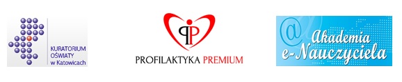 Trzy logotypy różnych instytucji: Kuratorium Oświaty w Katowicach, Profilaktyka Premium oraz Akademia e-Nauczyciela.