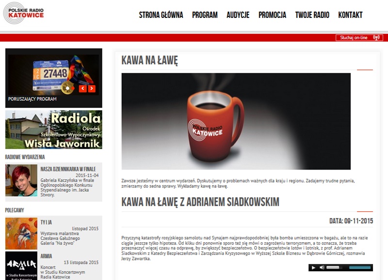 Strona główna Polskiego Radia Katowice z programem „Kawa na ławę” i zdjęciem kubka z logo stacji.