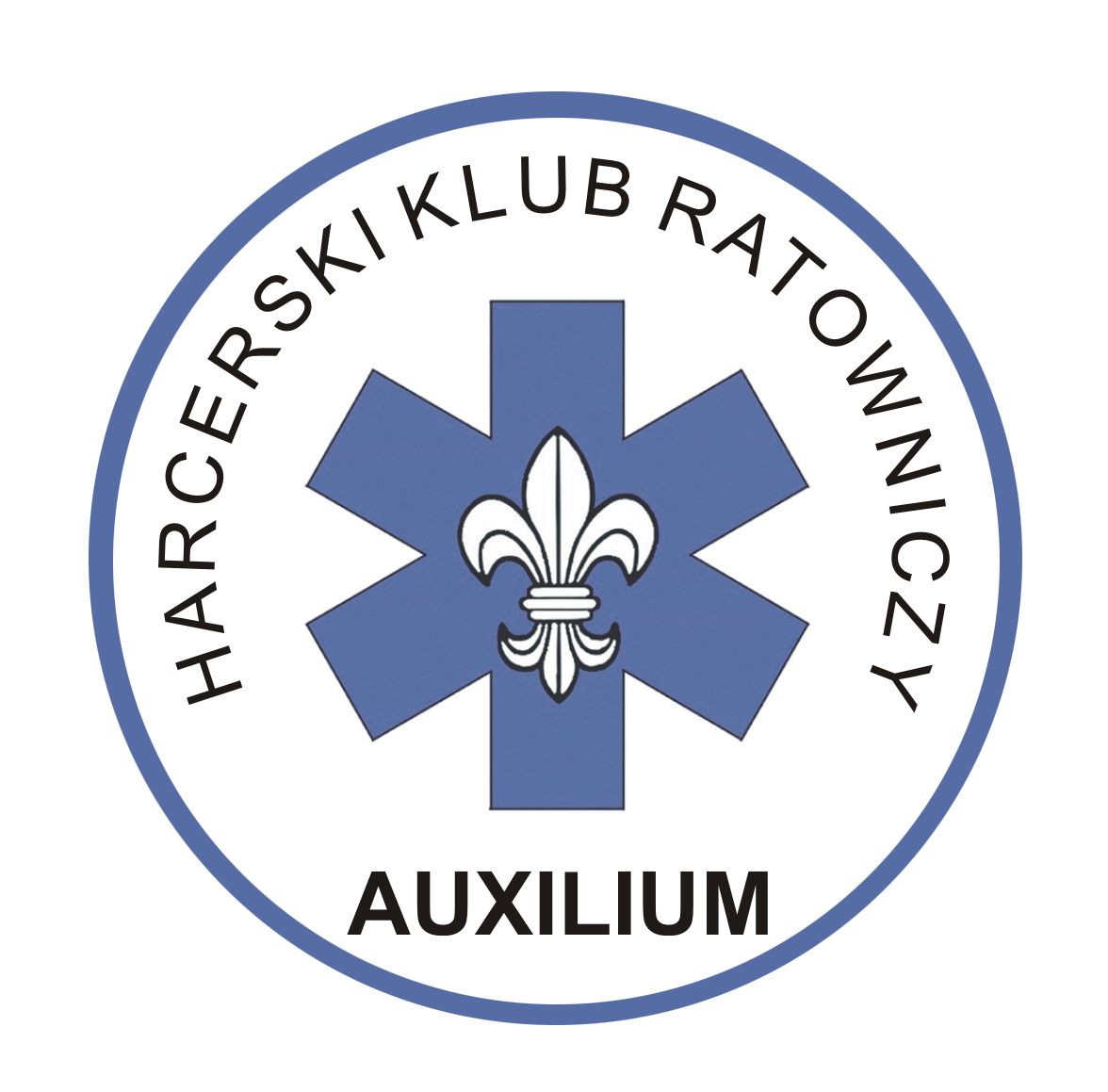 Logo Harcerskiego Klubu Ratowniczego z niebieską gwiazdą i symbolem lilijki.