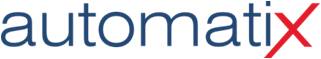Logo firmy "automatix" z niebieskimi literami i czerwonym znakiem "X".