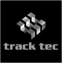 Logo firmy Track Tec z trójwymiarowym wzorem w odcieniach szarości na czarnym tle.