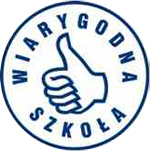 Logo z napisem "Wiarygodna Szkoła" i symbolem kciuka w górę.