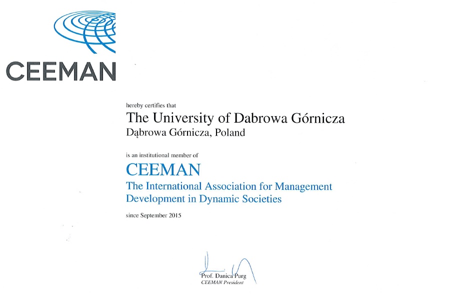 Certyfikat potwierdzający członkostwo Uniwersytetu Dąbrowa Górnicza w międzynarodowej organizacji CEEMAN od września 2015 roku.