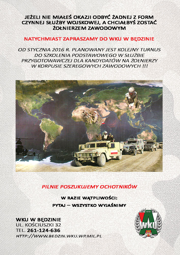 Plakat rekrutacyjny WKU w Będzinie, zachęcający do wstąpienia do wojska oraz oferujący informacje o szkoleniach.