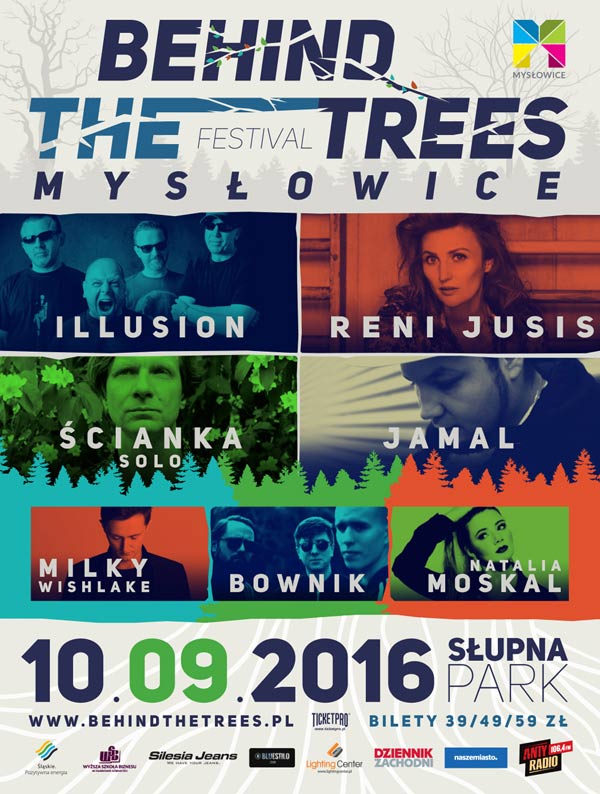 Plakat festiwalu "Behind the Trees" w Mysłowicach, z listą wykonawców i datą wydarzenia.