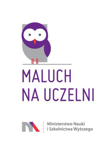 Logo z sową oraz napisem "MALUCH NA UCZELNI", pod którym znajduje się logo Ministerstwa Nauki i Szkolnictwa Wyższego.
