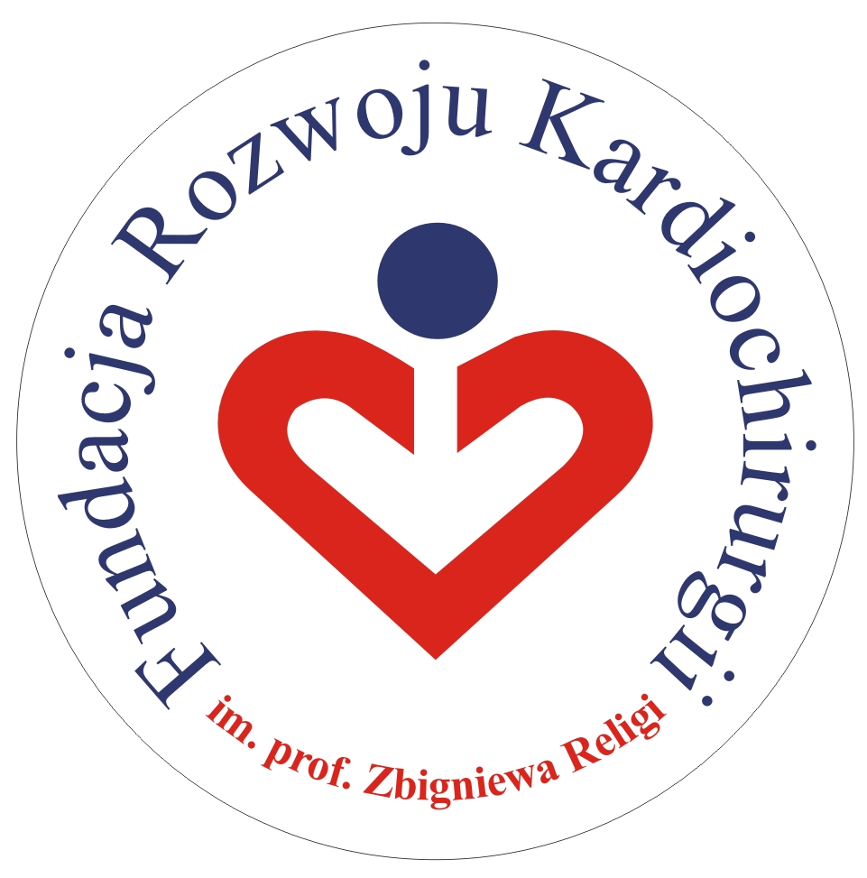 Logo Fundacji Rozwoju Kardiochirurgii z sercem i postacią.