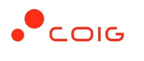 Logo firmy COIG w czerwonym kolorze z okręgami.