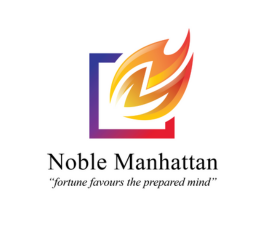 Logo firmy Noble Manhattan Coaching z elementem ognia i kolorowym tłem