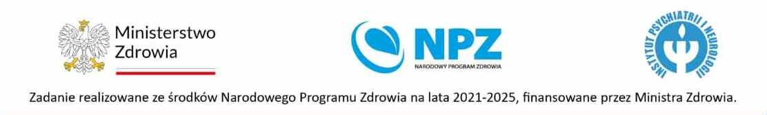 Logotypy Ministerstwa Zdrowia, Narodowego Programu Zdrowia oraz Instytutu Psychiatrii i&nbsp;Neurologii z&nbsp;opisem zadania realizowanego w&nbsp;ramach programu.