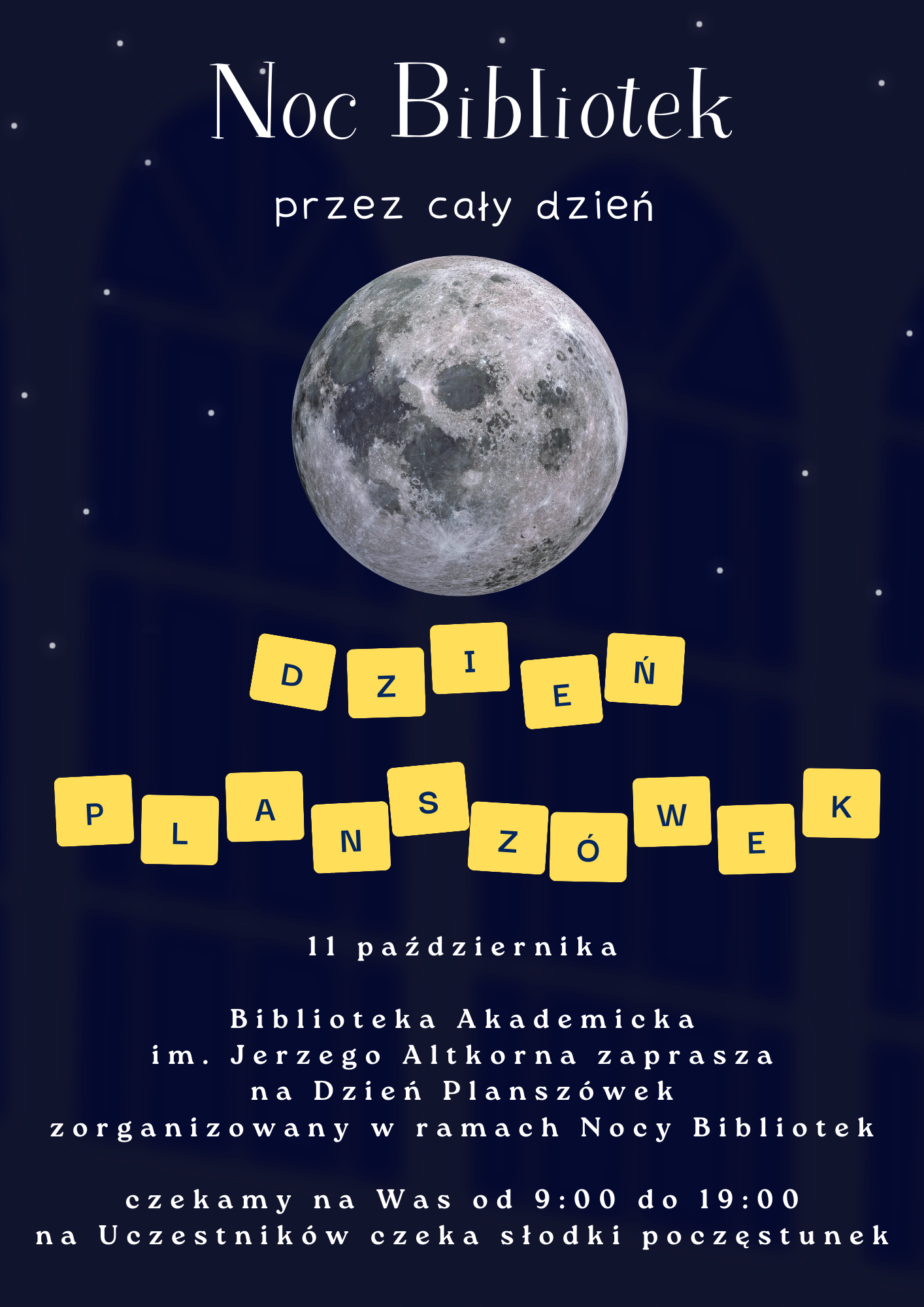 Plakat zapraszający na Dzień Planszówek w Bibliotece Akademickiej, z datą 11 października.