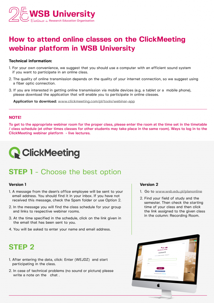 Instrukcja dotycząca uczestnictwa w zajęciach online na platformie ClickMeeting w WSB Uniwersytet.