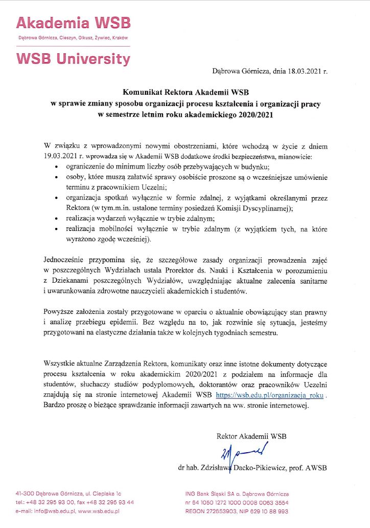 Komunikat Akademii WSB dotyczący zmian organizacyjnych w procesie kształcenia na semestr letni roku akademickiego 2020/2021.