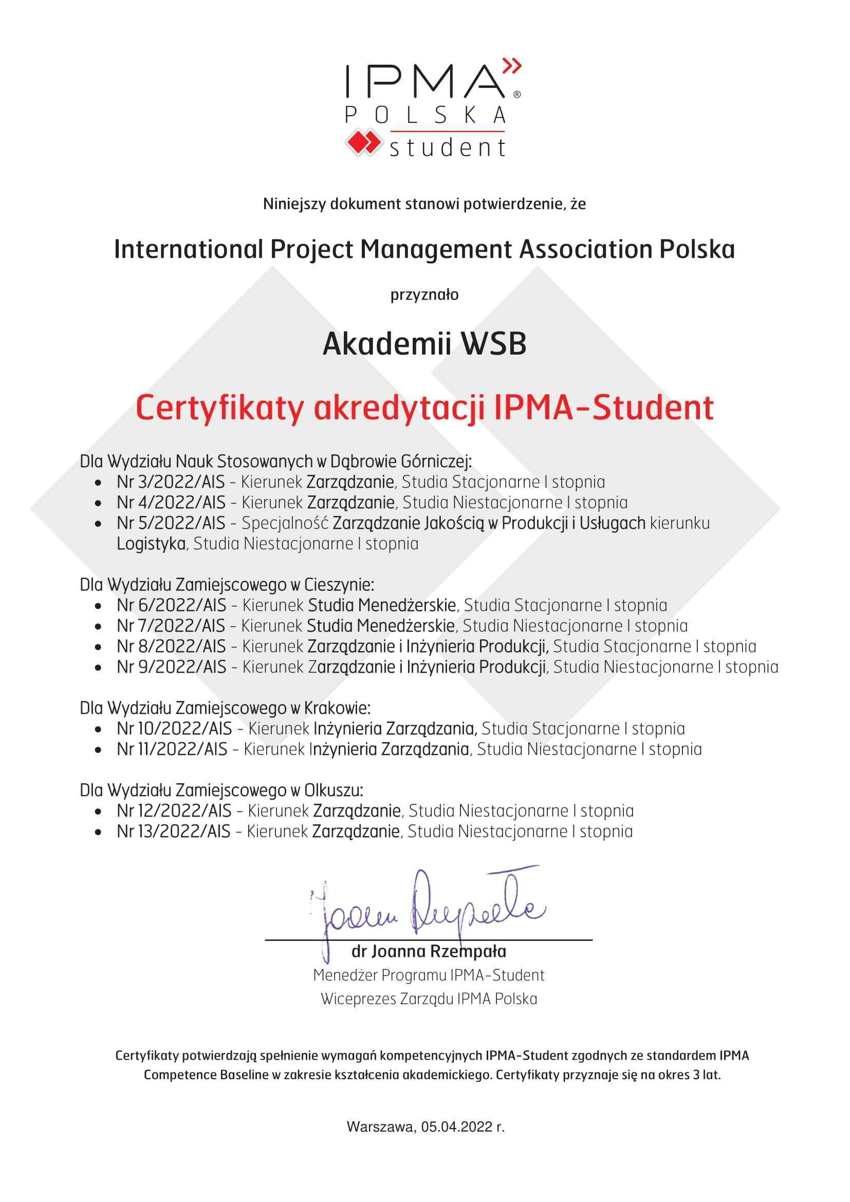 Dokument potwierdzający akredytację Akademii WSB przez IPMA Polska dla różnych kierunków studiów.