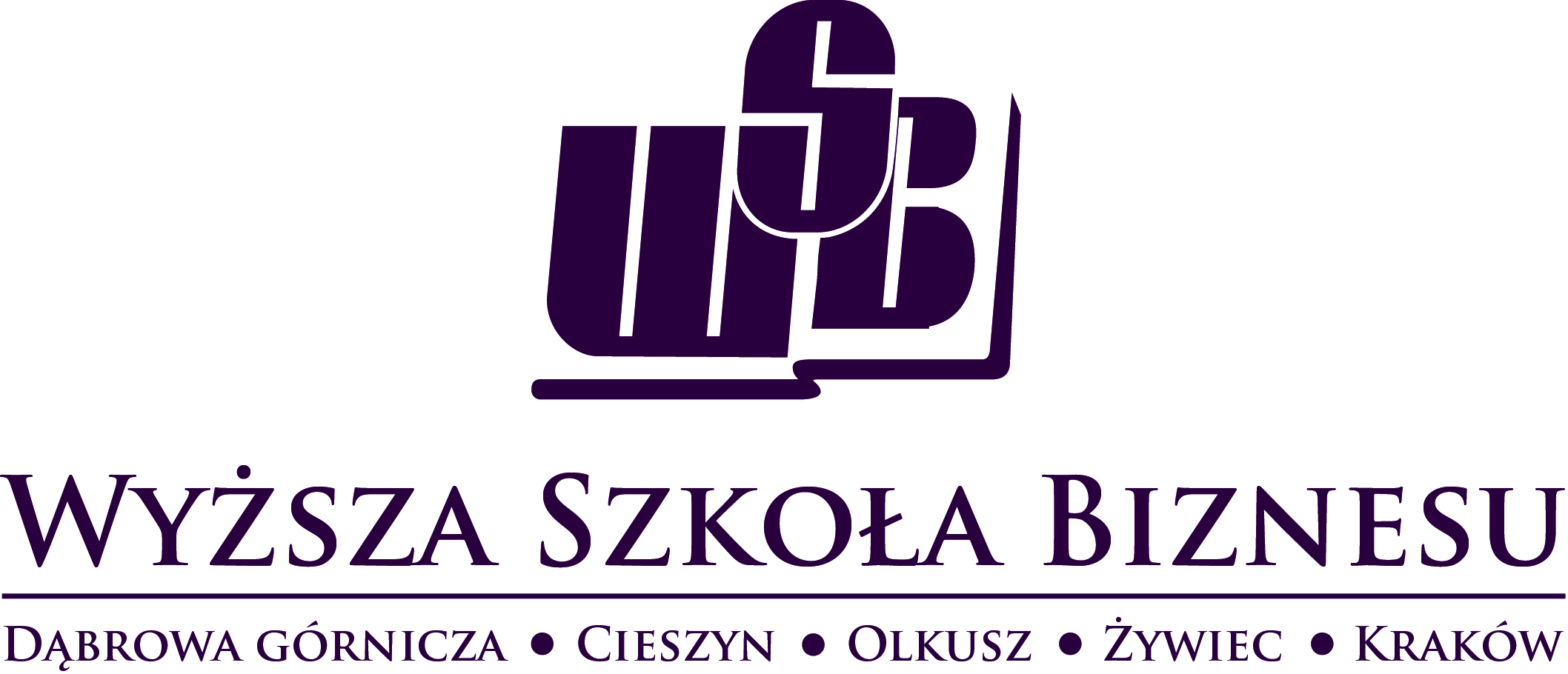 Logo Wyższej Szkoły Biznesu z nazwą i lokalizacjami.