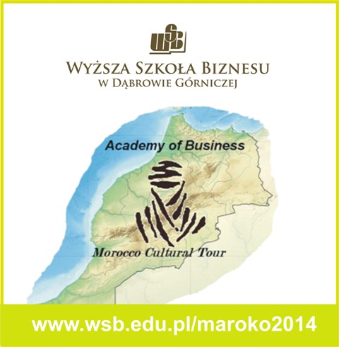 Logo Wyższej Szkoły Biznesu z mapą Maroka i informacją o wyjeździe kulturalnym.