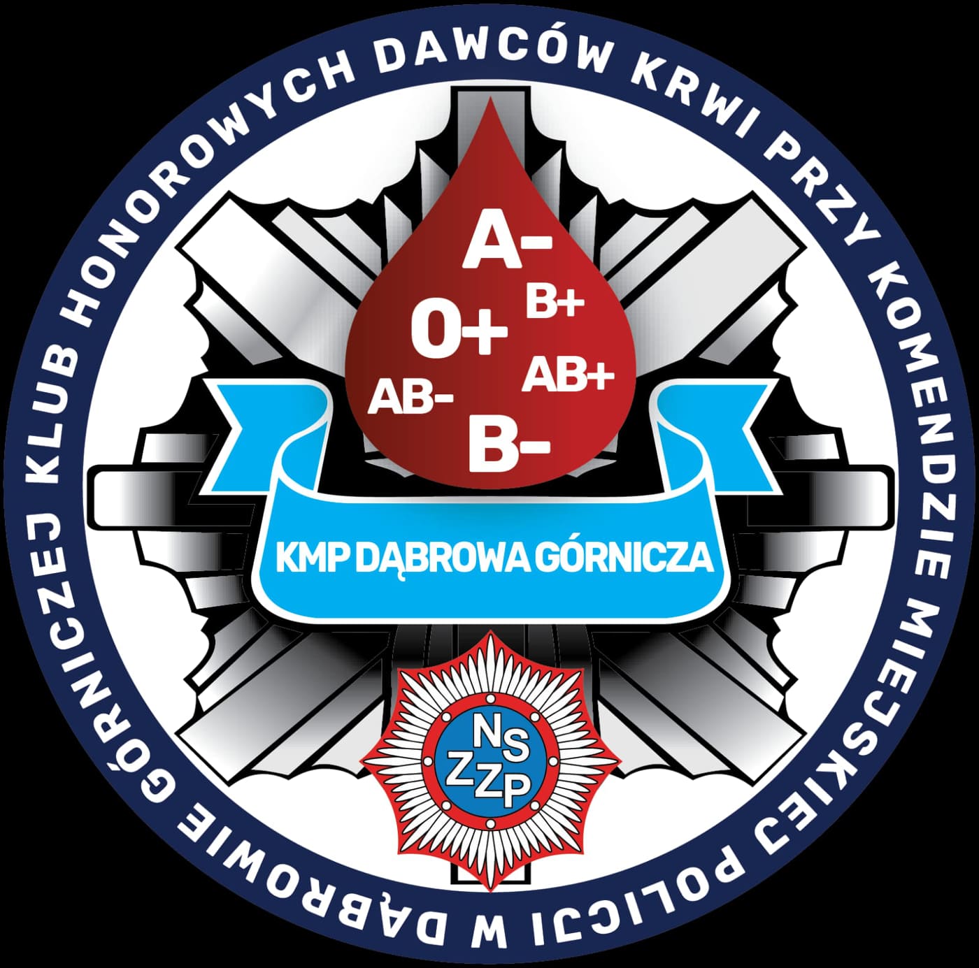 Logo Klubu Honorowych Dawców Krwi przy KMP Dąbrowa Górnicza z symbolami grup krwi.