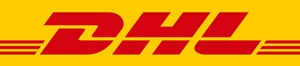 Logo firmy DHL na żółtym tle.