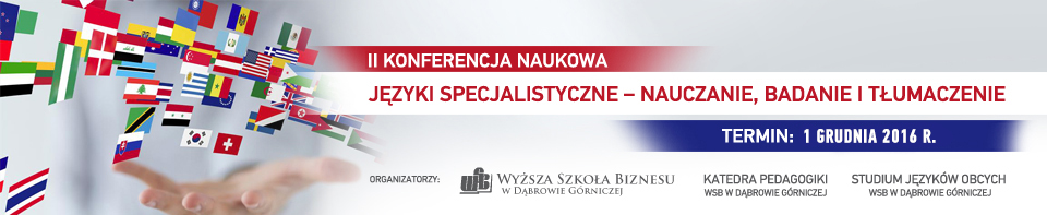 Plakat promujący II Konferencję Naukową na temat języków specjalistycznych, z grafiką flag różnych krajów.