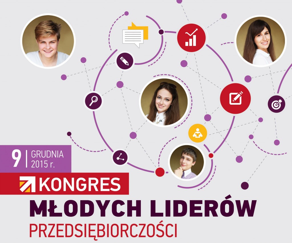 Plakat promujący Kongres Młodych Liderów Przedsiębiorczości z datą 9 grudnia 2015 roku, z grafiką przedstawiającą połączenia i zdjęcia młodych ludzi.