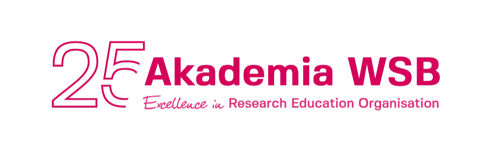 Logo Akademii WSB z okazji 25-lecia, z hasłem "Excellence in Research Education Organisation".