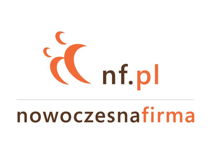 Logo z napisem "nowoczasna firma" i elementami graficznymi w odcieniach pomarańczowego.