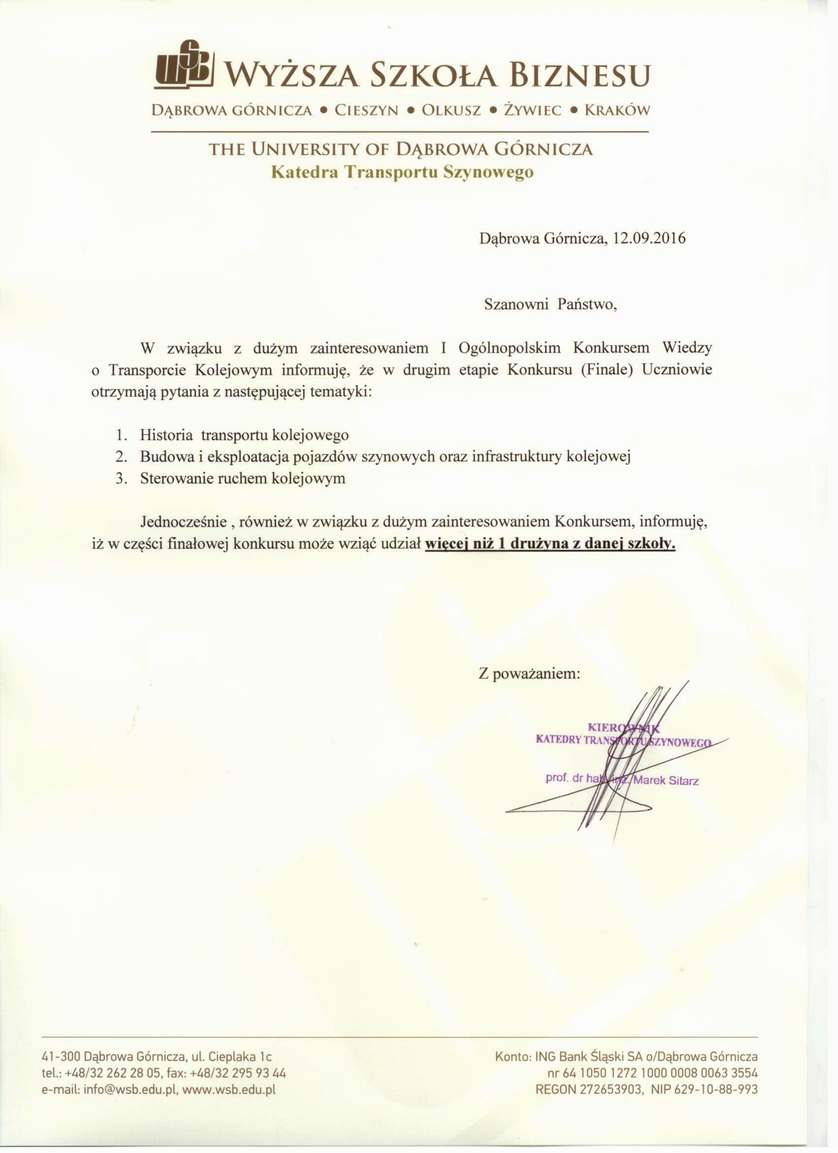 Pismo z Katedry Transportu Szynowego Wyższej Szkoły Biznesu dotyczące ogólnopolskiego konkursu wiedzy o transporcie kolejowym.