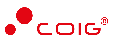 Logo firmy COIG w kolorze czerwonym z charakterystycznymi kropkami.