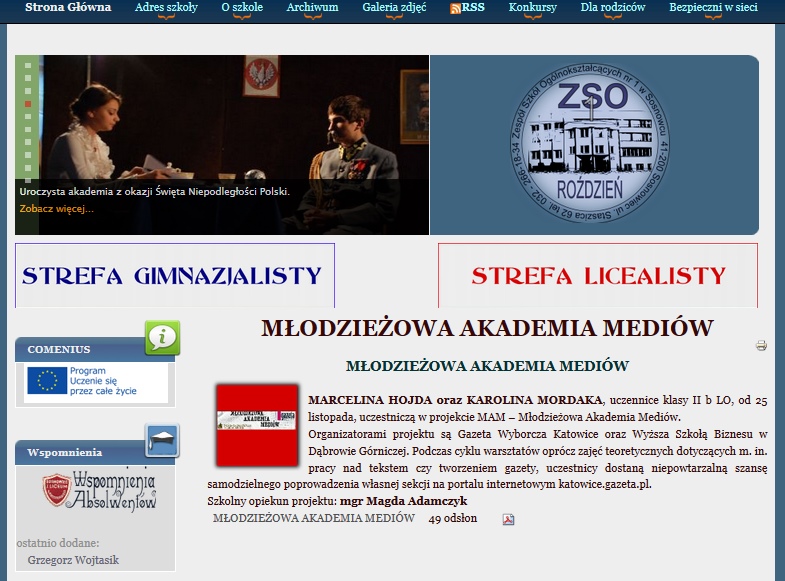 Strona internetowa szkoły z informacjami o projekcie "Młodzieżowa Akademia Mediów" oraz zdjęciem z uroczystości z okazji Święta Niepodległości Polski.