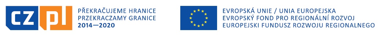Grafika zawierająca logotypy projektu współpracy czesko-polskiej oraz Unii Europejskiej, z hasłem "Przekraczamy granice" i datami 2014-2020.
