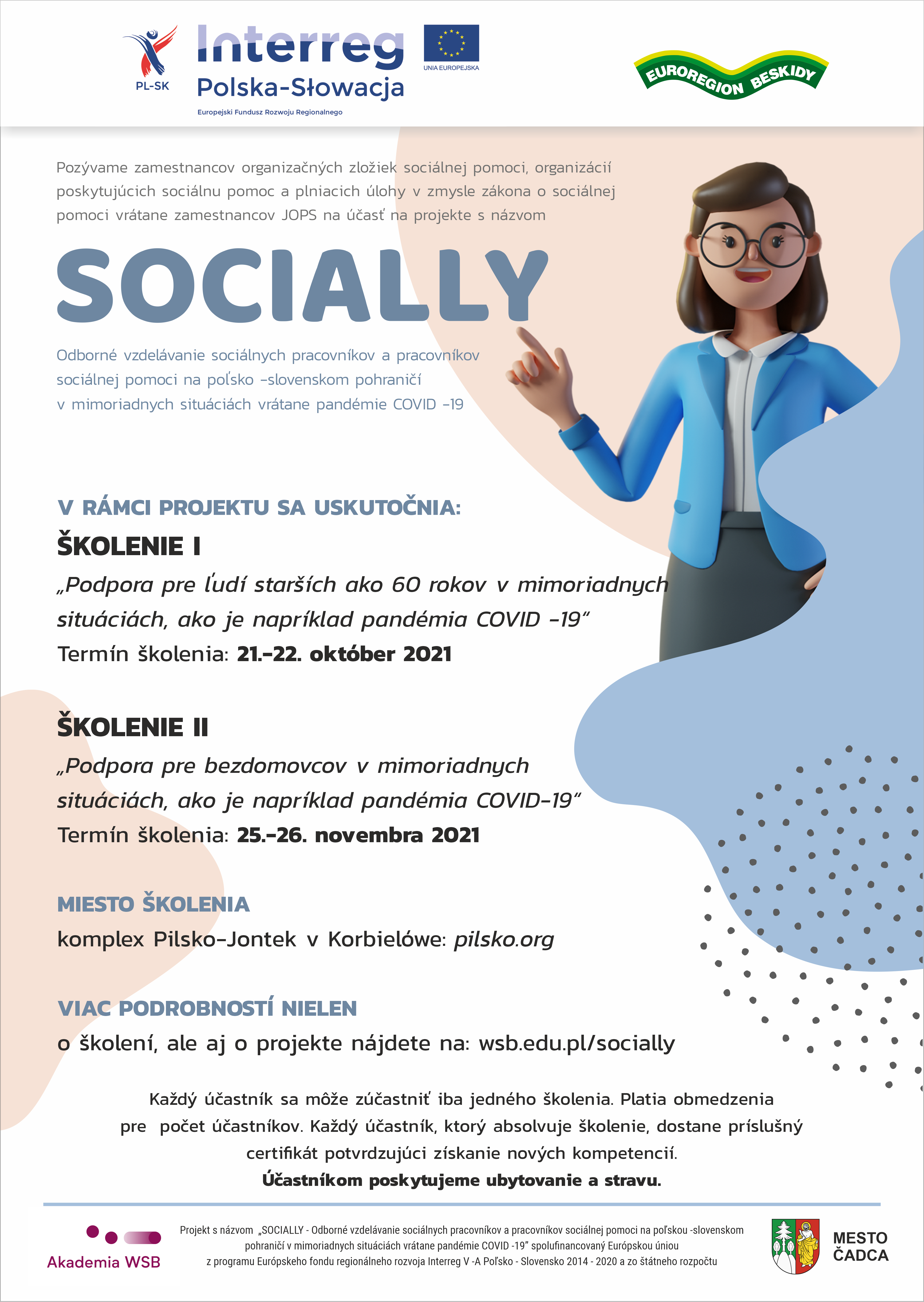 Plakat informujący o szkoleniach dla pracowników pomocy społecznej w kontekście pandemii COVID-19.