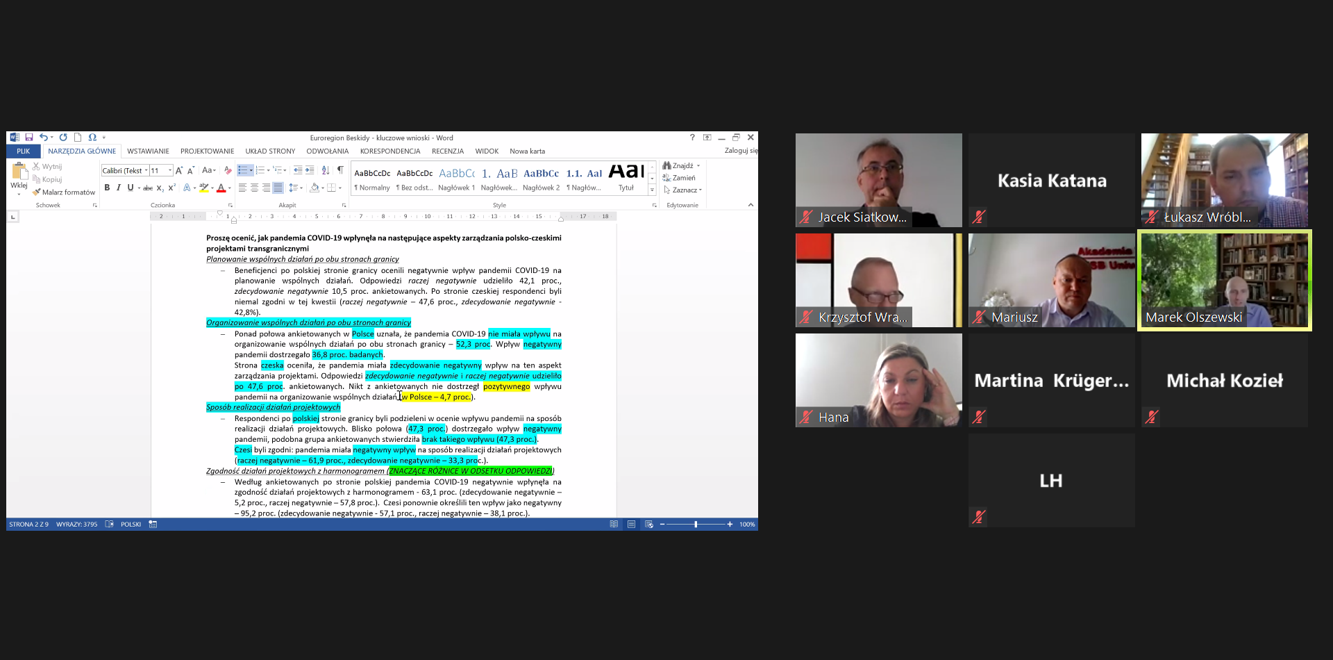 Spotkanie online z dokumentem tekstowym na temat wpływu pandemii COVID-19 na projekty transgraniczne między Polską a Czechami.