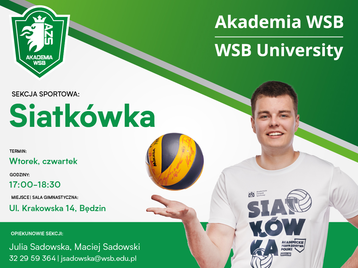 Plakat promujący sekcję siatkarską Akademii WSB w Będzinie, z informacjami o terminach, godzinach i miejscu treningów.