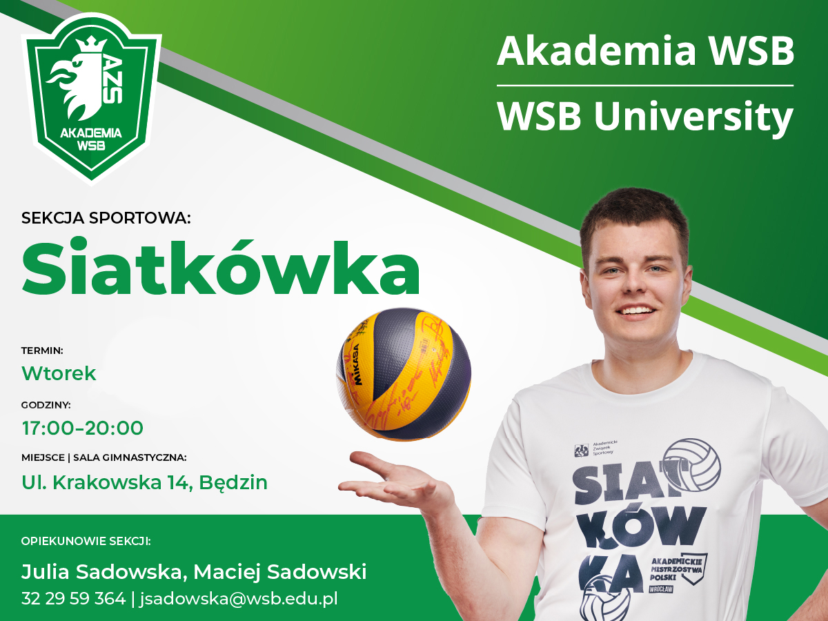 Plakat promujący sekcję siatkarską Akademii WSB w Będzinie, z informacjami o terminach, godzinach i miejscu treningów.