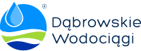 Logo Dąbrowskich Wodociągów z symbolem kropli wody i zielonymi wzgórzami.
