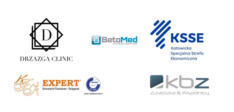 Zbiór logo różnych firm i instytucji, w tym kliniki medycznej i kancelarii finansowej.
