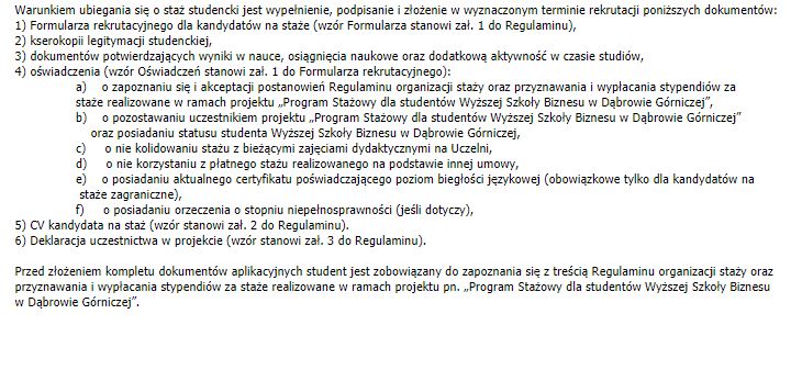 Dokument zawiera wymagania dotyczące aplikacji na staż studencki oraz niezbędne formularze do wypełnienia.