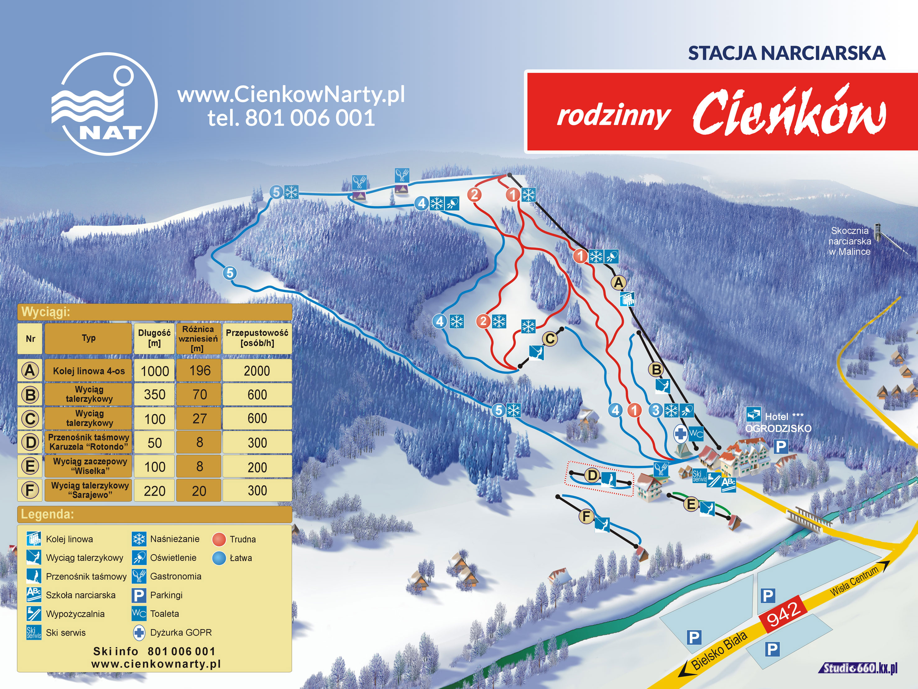 Mapa stacji narciarskiej Cieńków z oznaczeniem tras, wyciągów i lokalnych usług.