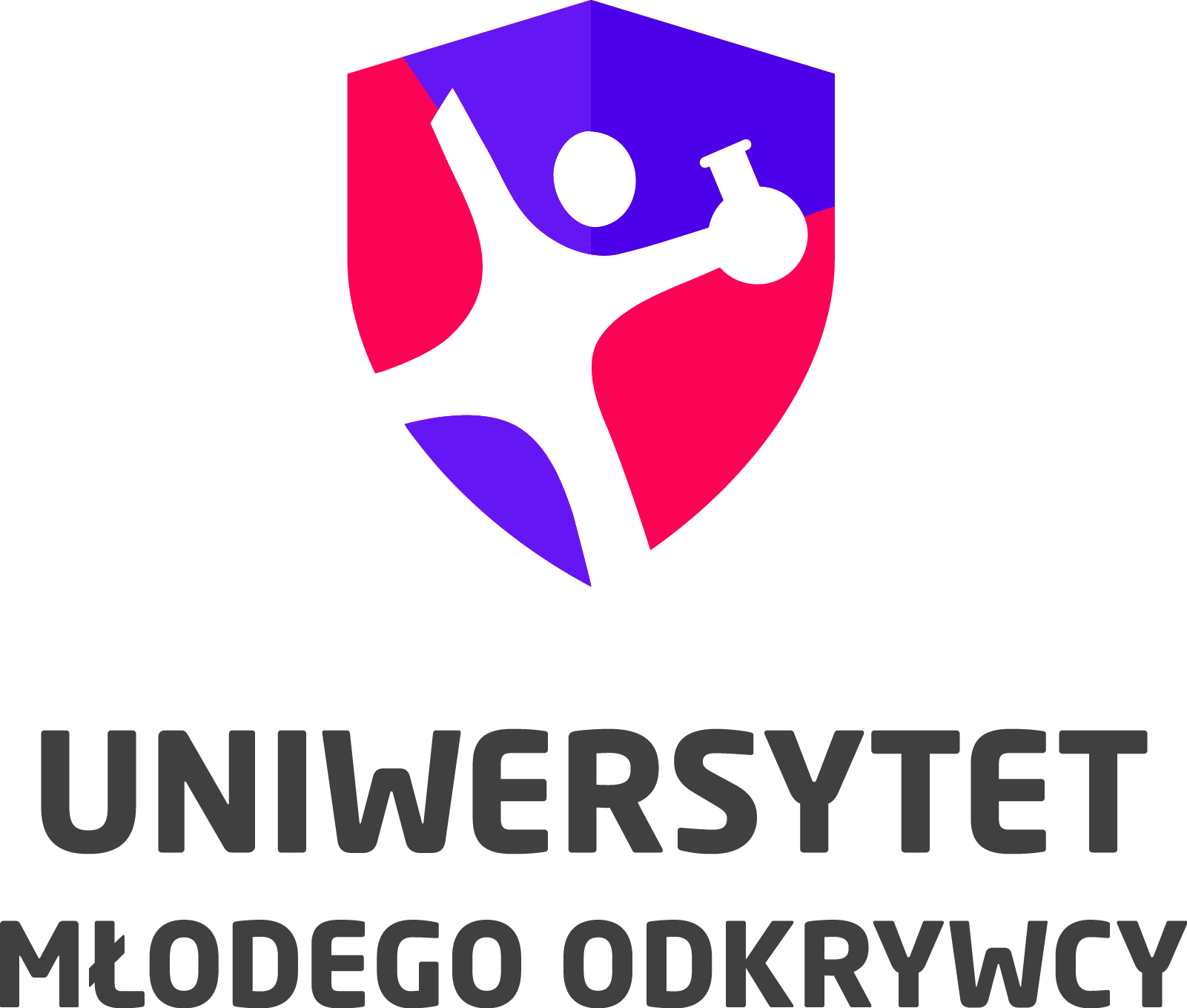 Logo Uniwersytetu Młodego Odkrywcy, przedstawiające postać trzymającą probówkę na tle tarczy w kolorach różowym i fioletowym.