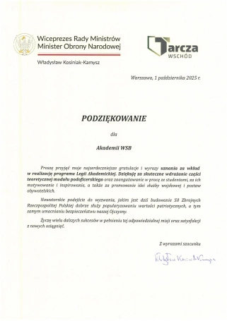 Zdjęcie nr 1 z galerii Akademia WSB z uznaniem MON. Legia Akademicka buduje przyszłość obronności