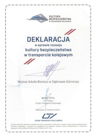Zdjęcie nr 2 z galerii Wyższa Szkoła Biznesu w Dąbrowie Górniczej sygnatariuszem Deklaracji Kultury Bezpieczeństwa w Transporcie Kolejowym