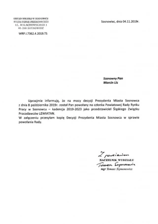 Zdjęcie nr 2 z galerii Dr Marcin Lis członkiem Powiatowej Rady Rynku Pracy w Sosnowcu